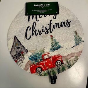 Balsam &Fir 4Placemats, Red Truck Tree  bun 15”Round Polyester Cotton.